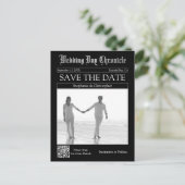 Chique Zwarte QR Code Krant Huwelijk Save the Date Briefkaart (Staand voorkant)