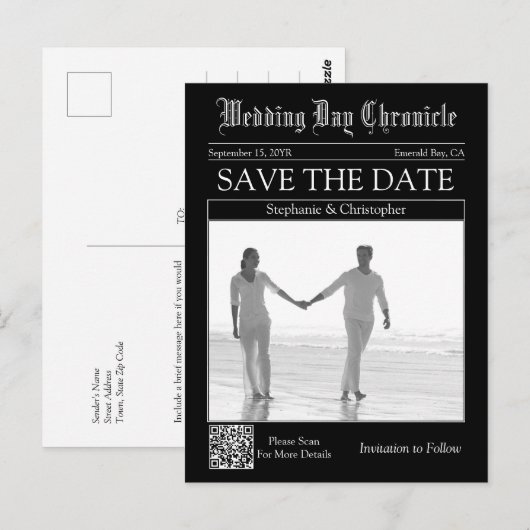 Chique Zwarte QR Code Krant Huwelijk Save the Date Briefkaart (Voorkant / Achterkant)