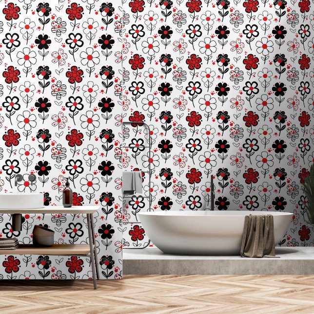 Chique zwarte rode bloemen behang (Badkamer)