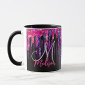 Chique zwarte roze blauwe druppels monogram mok (Links)