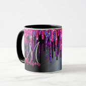 Chique zwarte roze blauwe druppels monogram mok (Voorkant links)