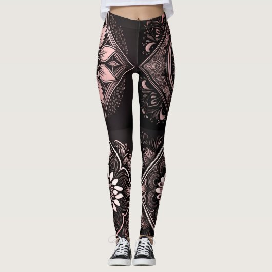 Chique zwarte roze en witte Mandala Leggings (Voorkant)