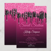 Chique Zwarte Roze Glitter Sweet Sixteen Feest Kaart (Voorkant / Achterkant)