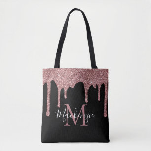 Chique Zwarte Roze Gouden Glitter Druppels Monogra Tote Bag