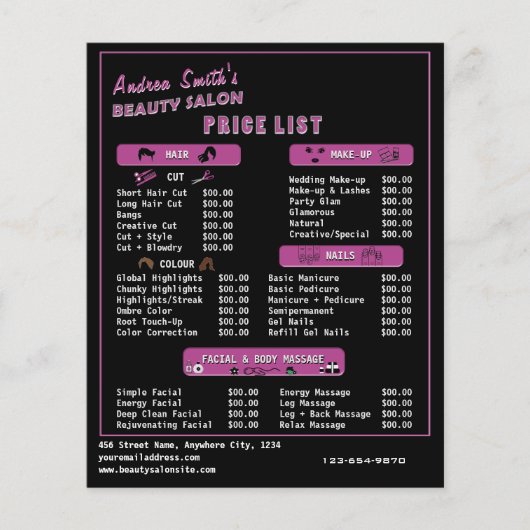 Chique Zwarte Roze Moderne Salon Diensten Prijs Me Flyer (Voorkant)