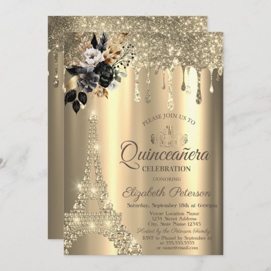 Chique zwarte Rozen Eiffeltoren gouden druppels Kaart (Voorkant / Achterkant)