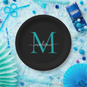 Chique Zwarte Teal Groene Monogram Moderne Script  Papieren Bordje (Feest)