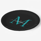 Chique Zwarte Teal Groene Monogram Moderne Script  Papieren Bordje (Gekanteld)