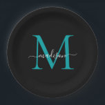 Chique Zwarte Teal Groene Monogram Moderne Script  Papieren Bordje<br><div class="desc">Eenvoudige Moderne Zwarte Teal Groene Monogram Moderne Vrouwelijke Script Naam Papieren Bord</div>
