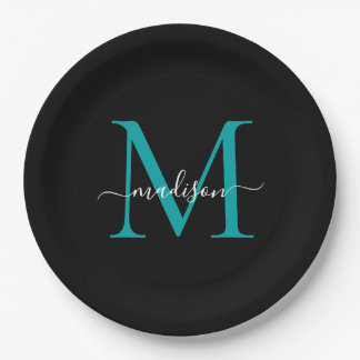 Chique Zwarte Teal Groene Monogram Moderne Script  Papieren Bordje