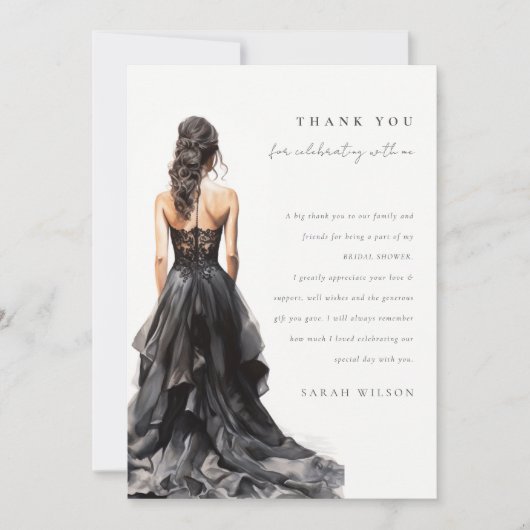 Chique zwarte trouwjurk bruidsfeest bedankt kaart (Voorkant)