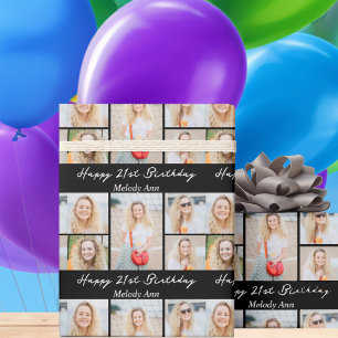 Chique zwarte verjaardagsfotocollage cadeaupapier
