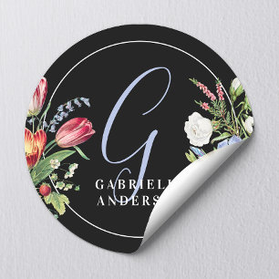 Chique Zwarte Wilde Bloemen Bloem Initialen Monogr Ronde Sticker