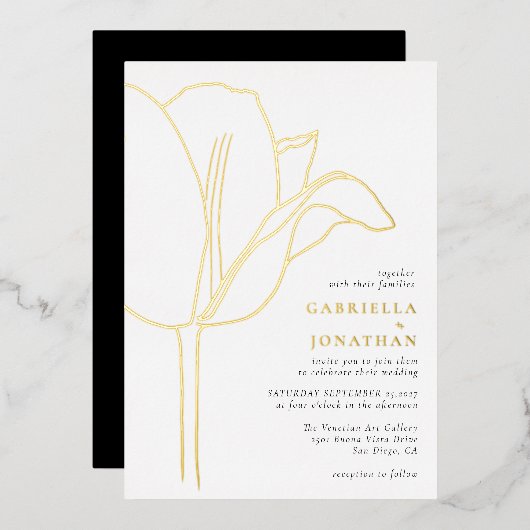 Chique Zwarte Witte Gouden Tulp Bruiloft Folie Uitnodiging (Voorkant / Achterkant)