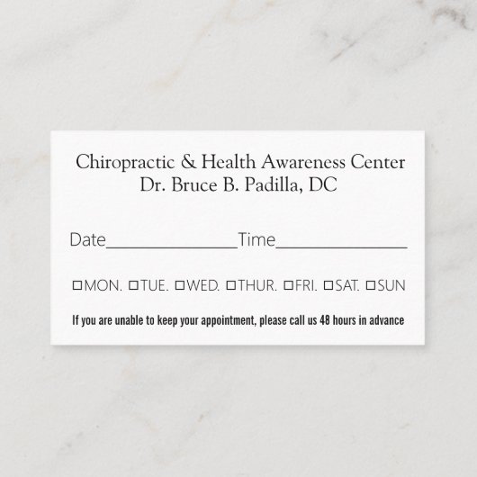 Chiropractor Appointment Card Afsprakenkaartje (Achterkant)