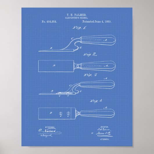 Chisel 1889 van Carpenter Patent Art Blueprint Poster (Voorkant)