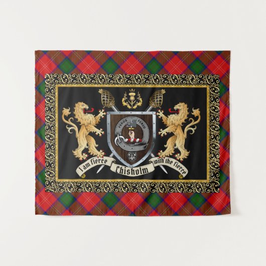 Chisholm Clan Badge & Motto w/Lions Wandkleed (Voorkant (horizontaal))