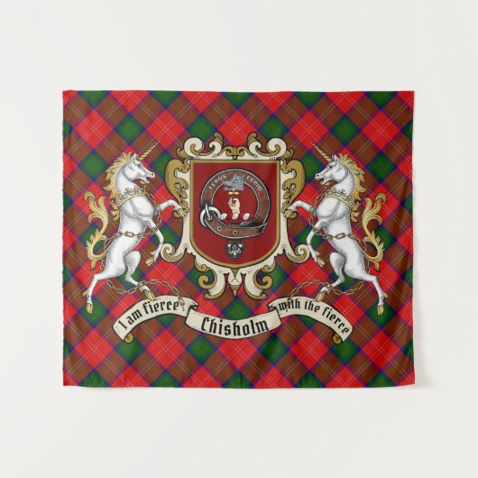 Chisholm Clan Badge & Unicorns w/Tartan Wandkleed (Voorkant (horizontaal))