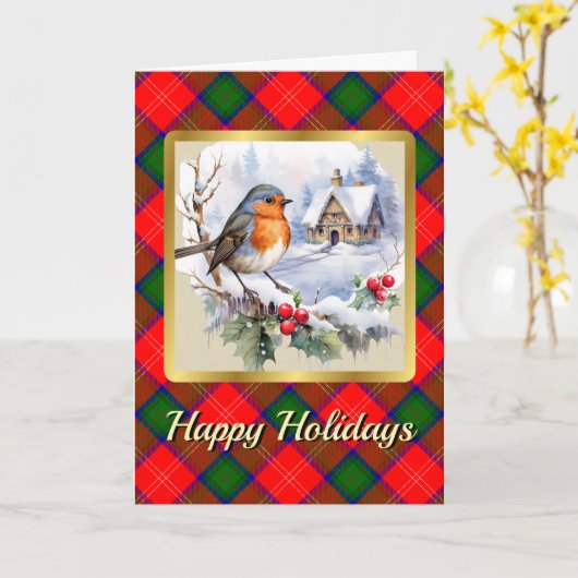 Chisholm Tartan w/Robin Gepersonaliseerde Xmas Kaart (Gele Bloem)