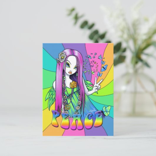 "Chloe" Rainbow Peace Hippie Fairy Briefkaart (Staand voorkant)