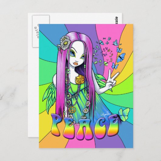 "Chloe" Rainbow Peace Hippie Fairy Briefkaart (Voorkant / Achterkant)