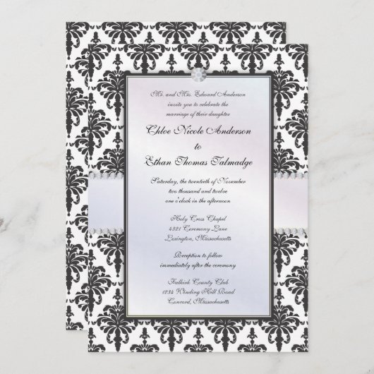 Chloe Silk Damask Wedding Invitation Kaart (Voorkant / Achterkant)