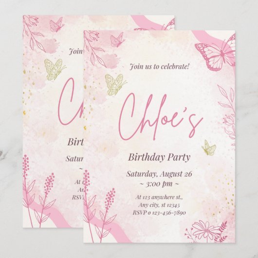 Chloe's eerste verjaardagsfeestuitnodigingskaarten kaart (Voorkant / Achterkant)