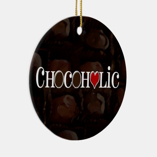 Chocofolic, donkerbruin en rood hart grappig ontwe keramisch ornament (Rechts)