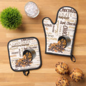 Chocoholic meertalig woord collage omgedraaid ovenwant & pannenlap set (Top down)