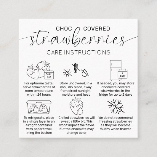 Chocolade aardbeien minimale verzorging instructie vierkante visitekaartje (Voorkant)