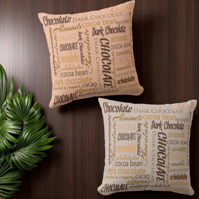 Chocolade, amandelen en Dark Chocolate Text Design Kussen (Pillow front and back word cloud different color backgrounds)