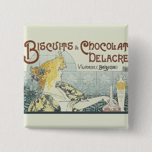 Chocolade Art Nouveau Vrouw Vierkante Button 5,1 Cm