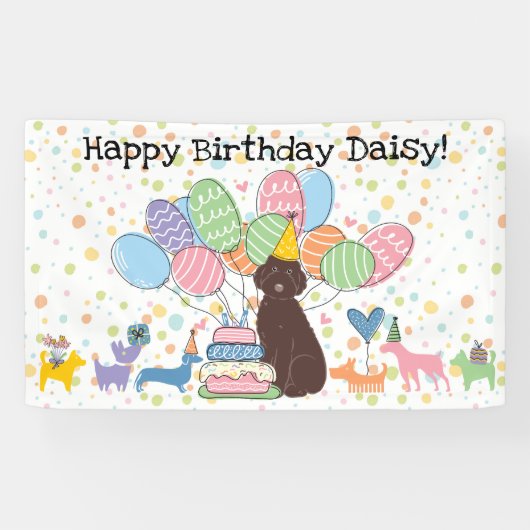 Chocolade Aussiedoodle hond verjaardagsfeestje Spandoek (Horizontaal)