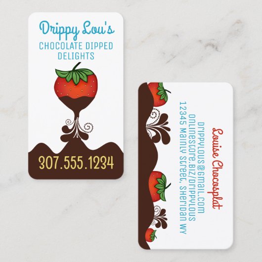 chocolade bedekte aardbeidessert - confecties b visitekaartje (Voorkant / Achterkant)