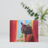 Chocolade Black Cat met gordijnen Briefkaart (Staand voorkant)