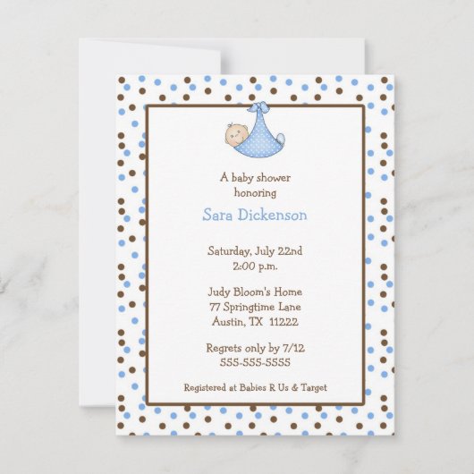 Chocolade & Blue Dot Baby Boy Shower Invitation Kaart (Voorkant)