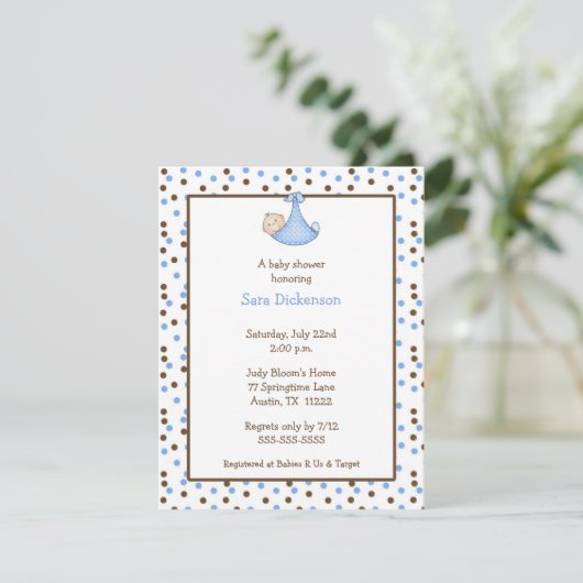 Chocolade & Blue Dot Baby Boy Shower Invitation Kaart (Staand voorkant)