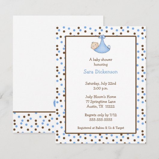 Chocolade & Blue Dot Baby Boy Shower Invitation Kaart (Voorkant / Achterkant)