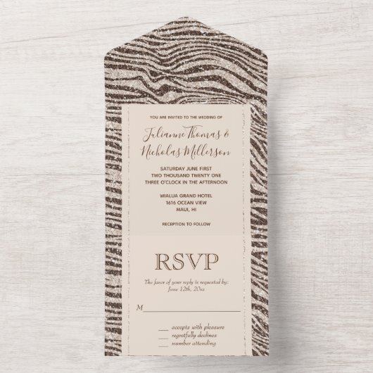 Chocolade Brown Cream Blush Zebra Glitter All In One Uitnodiging (Binnen)