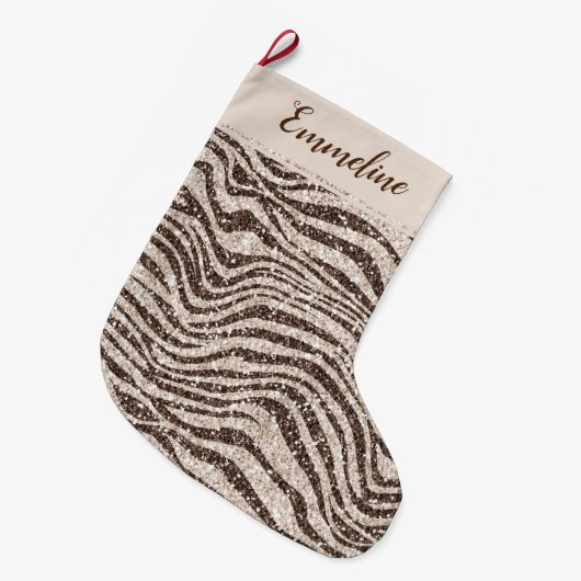 Chocolade Brown Cream Blush Zebra Glitter Grote Kerstsok (Voorkant (Hangend))
