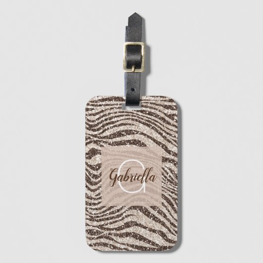 Chocolade Brown Cream Blush Zebra Glitter Monogram Bagagelabel (Voorkant (verticaal))