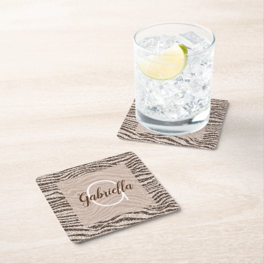 Chocolade Brown Cream Blush Zebra Glitter Monogram Kartonnen Onderzetters (Insitu)