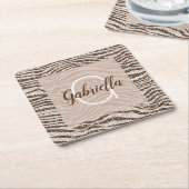 Chocolade Brown Cream Blush Zebra Glitter Monogram Kartonnen Onderzetters (Schuin)