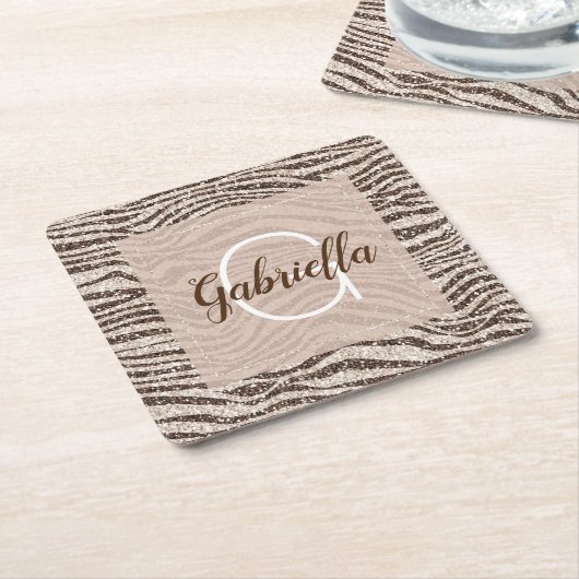 Chocolade Brown Cream Blush Zebra Glitter Monogram Kartonnen Onderzetters (Schuin)