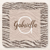 Chocolade Brown Cream Blush Zebra Glitter Monogram Kartonnen Onderzetters (Voorkant)