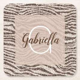 Chocolade Brown Cream Blush Zebra Glitter Monogram Kartonnen Onderzetters