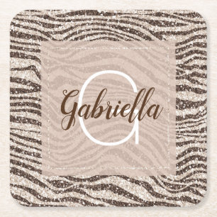 Chocolade Brown Cream Blush Zebra Glitter Monogram Kartonnen Onderzetters