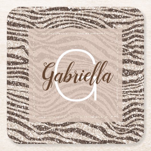 Chocolade Brown Cream Blush Zebra Glitter Monogram Kartonnen Onderzetters (Voorkant)