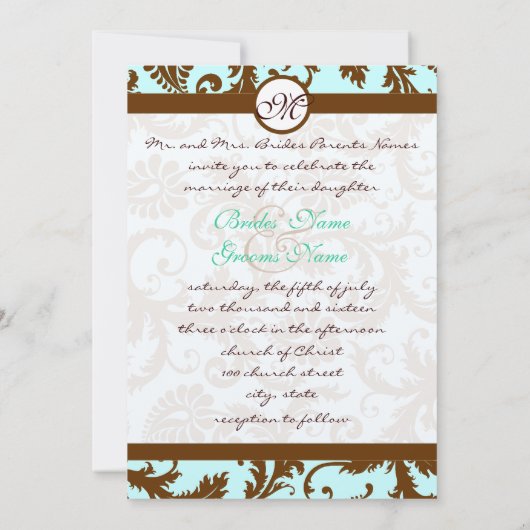 Chocolade Brown Damask Aqua Kaart (Achterkant)