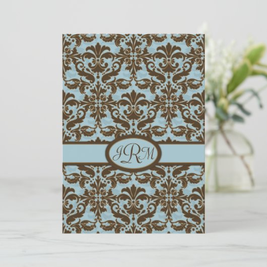Chocolade Brown en Blue Damask Kaart (Staand voorkant)